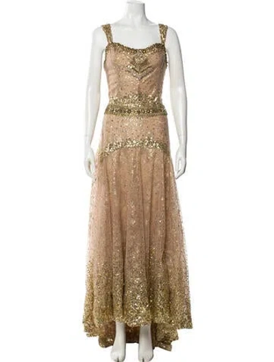 Pre-owned Reem Acra Square Neckline Long Dress In Gold