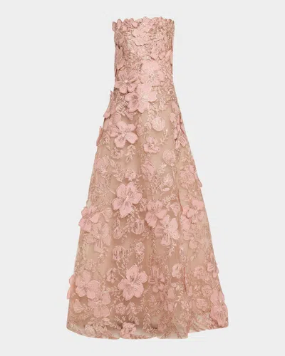 reem acra pink dress Reem Acra Embroidered Mikado Silk 3/4-Sleeve Gown With Belt