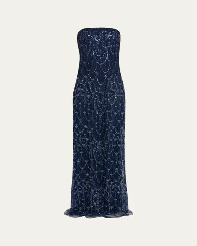 Reem Acra Strapless Crystal Embellished Evening Gown In Navy