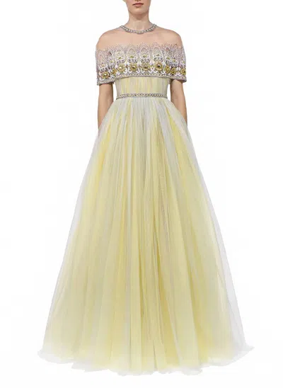 Reem Acra Strapless Gathered Tulle Gown In Yellow