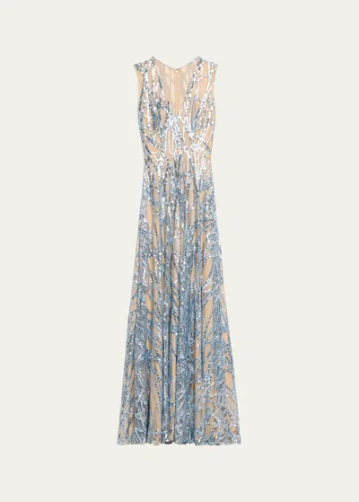 Reem Acra V-neck Linear Sequined Gown In Steel Blue