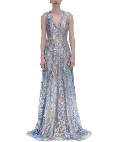 Reem Acra V-neck Silk Gown In Blue