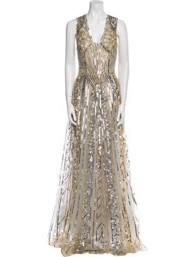 Pre-owned Reem Acra V-neck Long Dress In Neutral