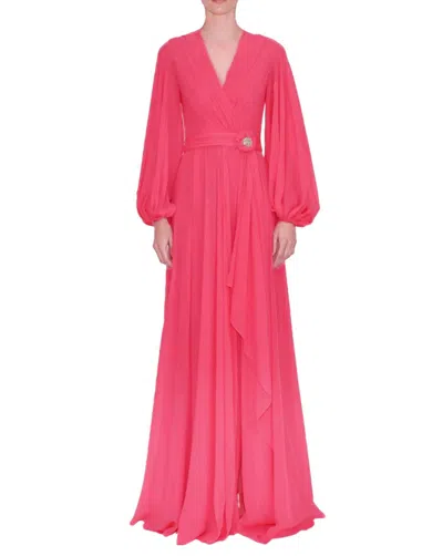 Reem Acra V-neck Long Sleeve Gown In Fuschia In Pink
