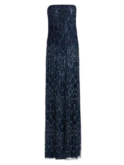 Reem Acra Women's Beaded Sequin Strapless Column Gown In Navy