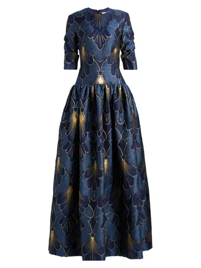 Reem Acra Women's Lamé Brocade Dropped Waist Gown In Navy