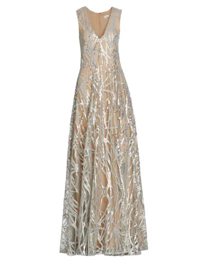 Reem Acra Women's Linear Sequin V-neck A-line Gown In Silver