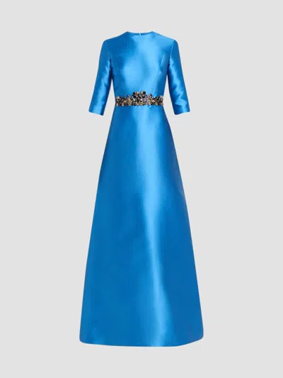 Reem Acra Women's Mikado Embroidered Three-quarter Sleeve Gown In Bright Blue