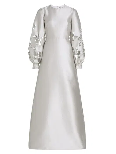 Reem Acra Women's Satin Floral Cut-out Bishop Sleeves Gown In Gray