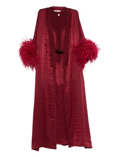 Reem Al Dhaheri Embroidered Feathered Kaftan Set In Red