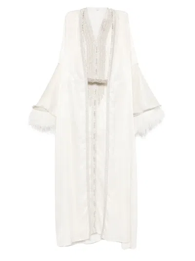 Reem Al Dhaheri Feathered Embroidered Kaftan Set In White