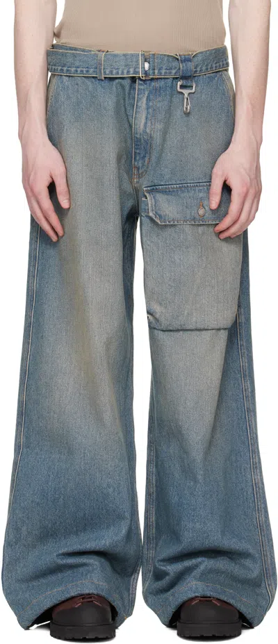 Reese Cooper Blue Washed Denim Patch Pocket Belted Cargo Jeans