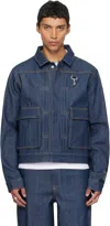 Reese Cooper Navy Concealed Button Denim Trucker Jacket In Blue