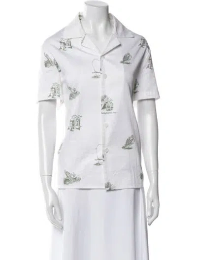 Pre-owned Reese Cooper Printed Short Sleeve Button-up Top In White