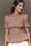 Reformation Aggie Puff-sleeve Smocked Peplum Top In Brown