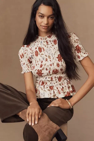 REFORMATION AGGIE PUFF-SLEEVE SMOCKED PEPLUM TOP