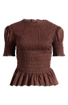 Reformation Aggie Smocked Ruffle Hem Top In Brown