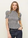 Reformation Aggie Smocked Peplum Organic Cotton Blend Top In Remy Check