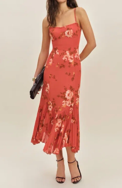 REFORMATION REFORMATION AIKO FLORAL PLEATED HEM BUSTIER SLIPDRESS