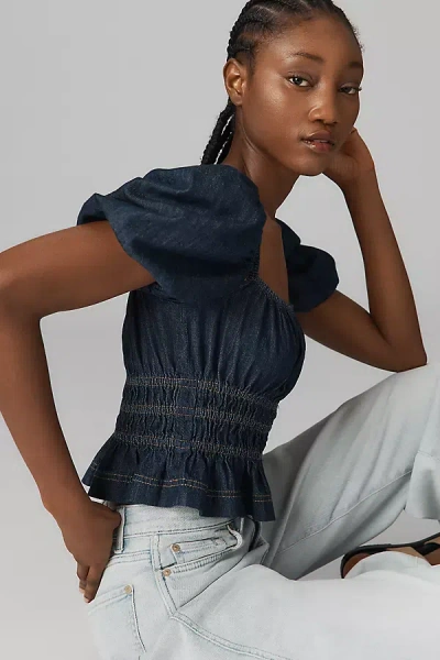 Reformation Aliya Short-sleeve Ruched Denim Top In Minerva