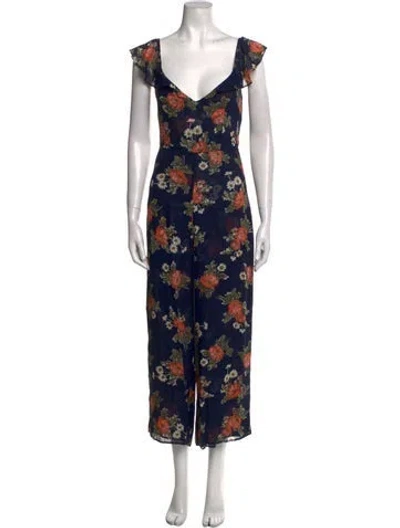Pre-owned Reformation Alligator Floral Print Jumpsuit In Blue