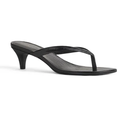 Reformation Amelia Croc Embossed Leather Heeled Thong Sandal In Black