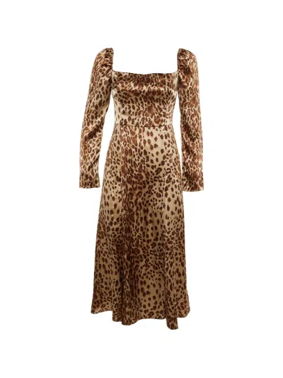Pre-owned Reformation Animal-print Silk Slit Midi Dress In Neutral