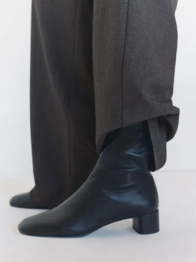 Reformation Aveline Block Heeled Ankle Boot Black Stretch Leather 7 In Blue