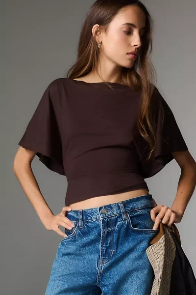 Reformation Avery Knit Flutter Sleeve Top In Brown