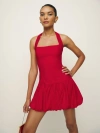 Reformation Babette Bubble Hem Organic Cotton Halter Minidress In Cherry