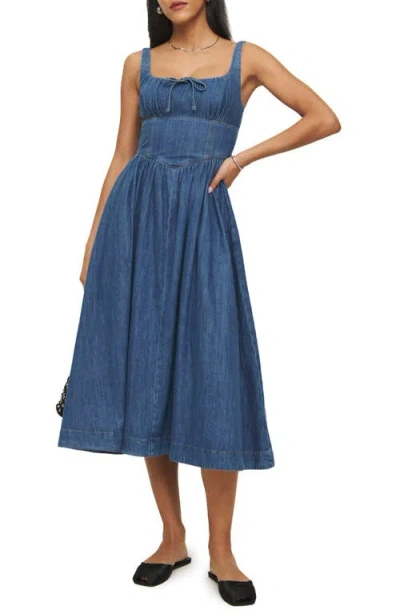 Reformation Balia Denim A-line Midi Dress In Rhine