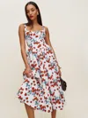 Reformation Balia Linen Sleeveless Basque-waist Midi Dress In Strawberry Jam