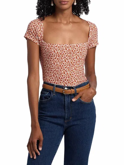 Reformation Bardot Floral Square Neck Top In Mulberry In Red