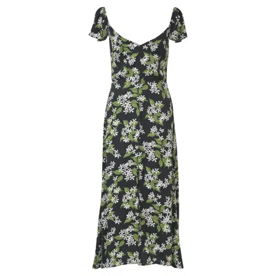 Pre-owned Reformation Baxley Floral Print Midi Dress In Black And Green Viscose