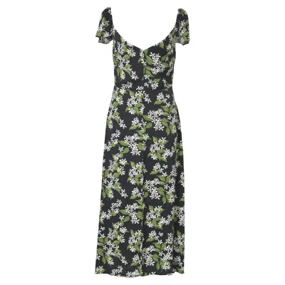 Pre-owned Reformation Baxley Floral Print Midi Dress In Black And Green Viscose