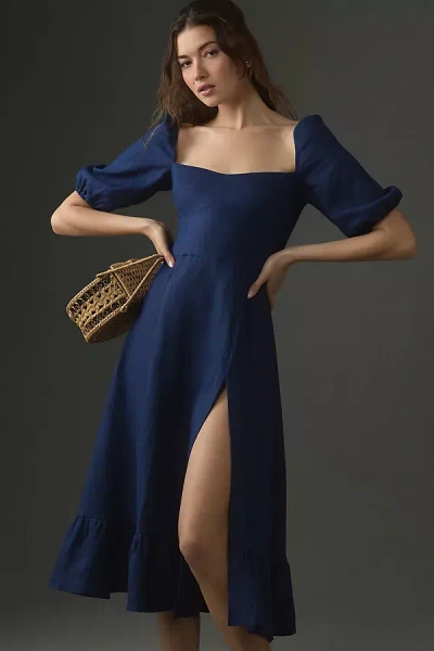 Reformation Belgium Short-sleeve Square-neck Linen Maxi Dress In Blue
