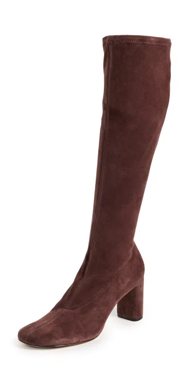 Reformation Belinda Knee High Boots Oak Stretch Suede In Brown