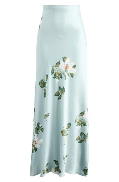Reformation Bella Print Satin Maxi Skirt In Blue