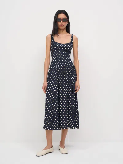 Reformation Bellarose Polka Dot Dress In Blue