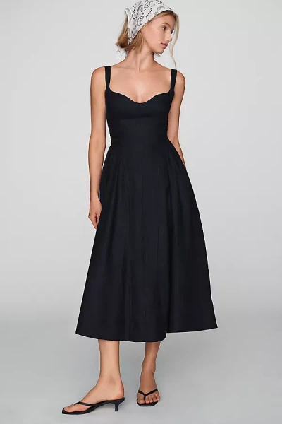 Reformation Birdie 100% Linen Midi Dress In Black