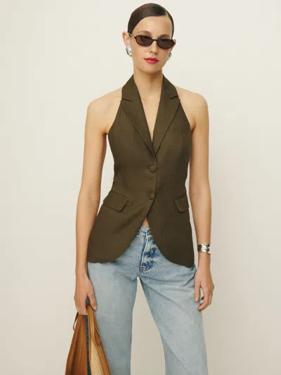 Reformation Brennan Linen Vest In Dark Olive