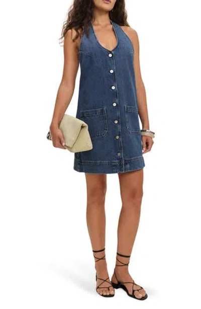 Reformation Brittany Halter Denim Minidress In Blue