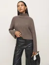 Reformation Brooke Cashmere Cropped Turtleneck In Ribbed Cocoa