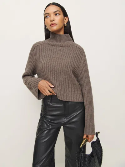 Reformation Brooke Cashmere Cropped Turtleneck In Ribbed Cocoa