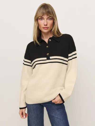 Reformation Brooklyn Cashmere Polo Sweater In Cream Black Stripe