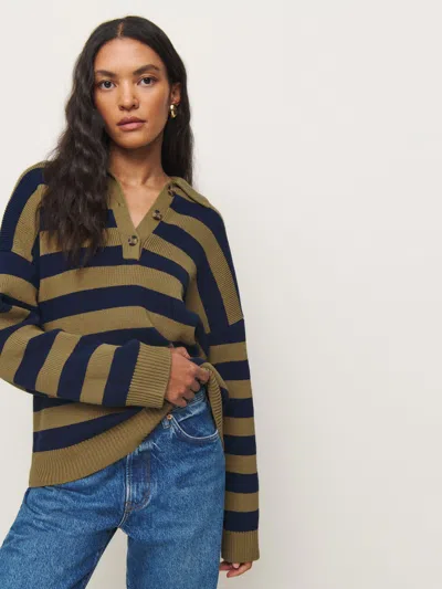 Reformation Brooklyn Cotton Polo Sweater In Bronze Navy Stripe