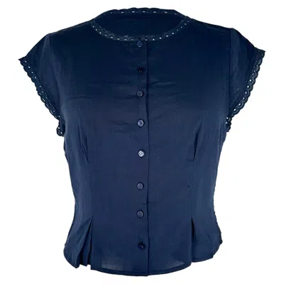Pre-owned Reformation Button-down Cap-sleeve Blouse In Navy Blue Cotton