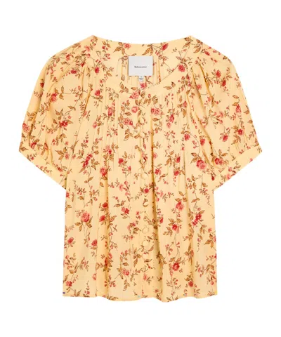 Reformation Calia Floral-print Voile Blouse In Nude