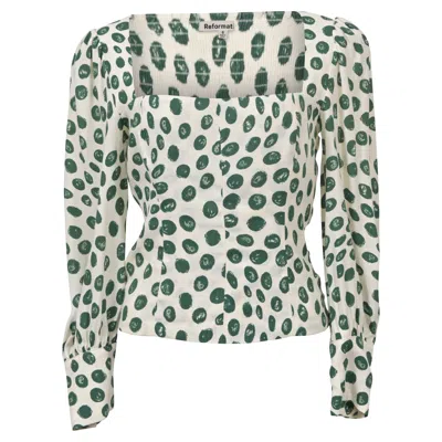 Reformation Calla Polka-dot Blouse In White And Green Cotton