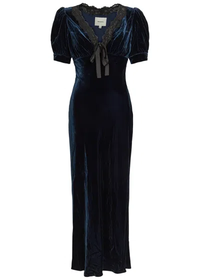 Reformation Camille Lace-trim Velvet Midi Dress In Blue